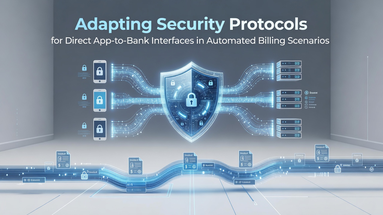Secure app-to-bank interface diagram showing encrypted data flows and authentication layers in automated billing systems