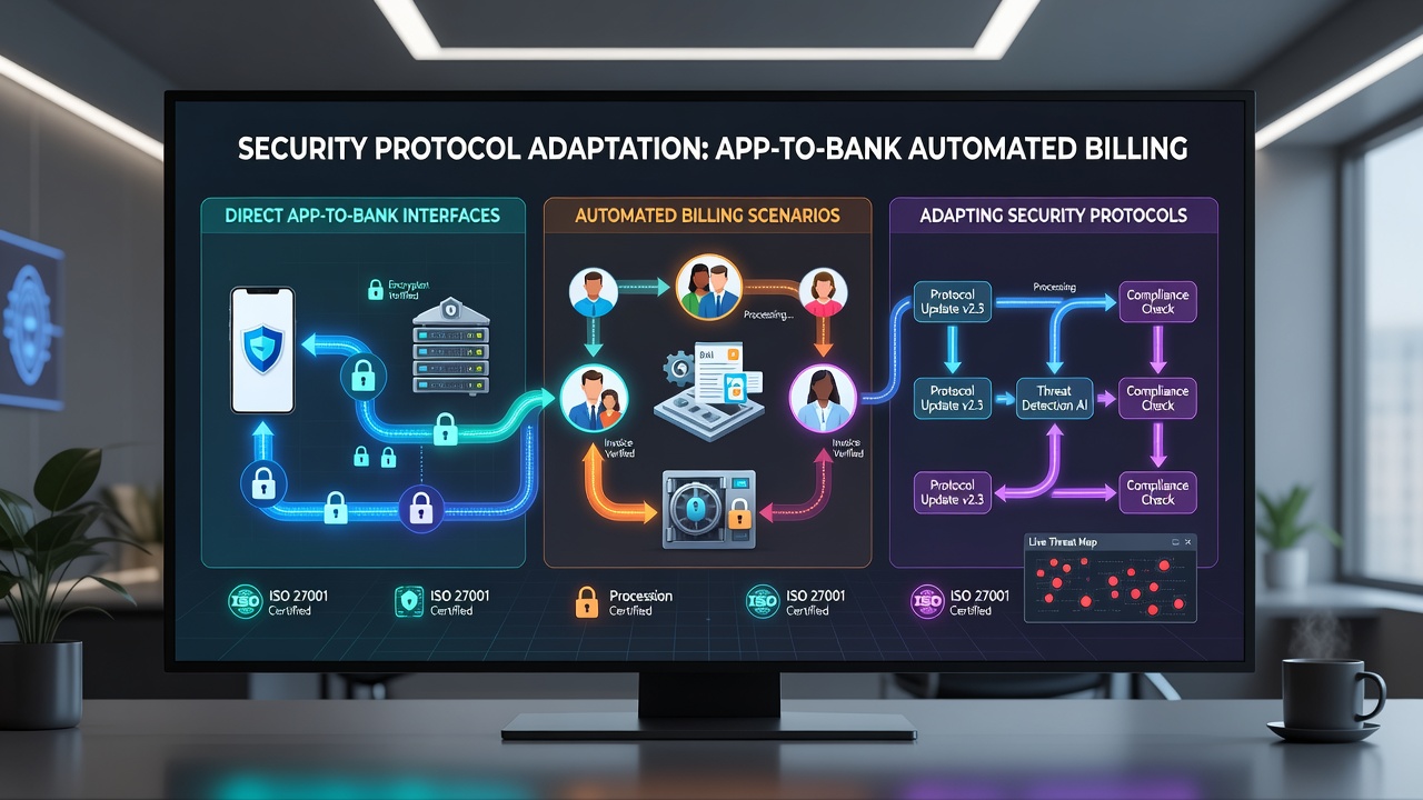 Dashboard view of real-time security monitoring for automated billing transactions between apps and bank networks