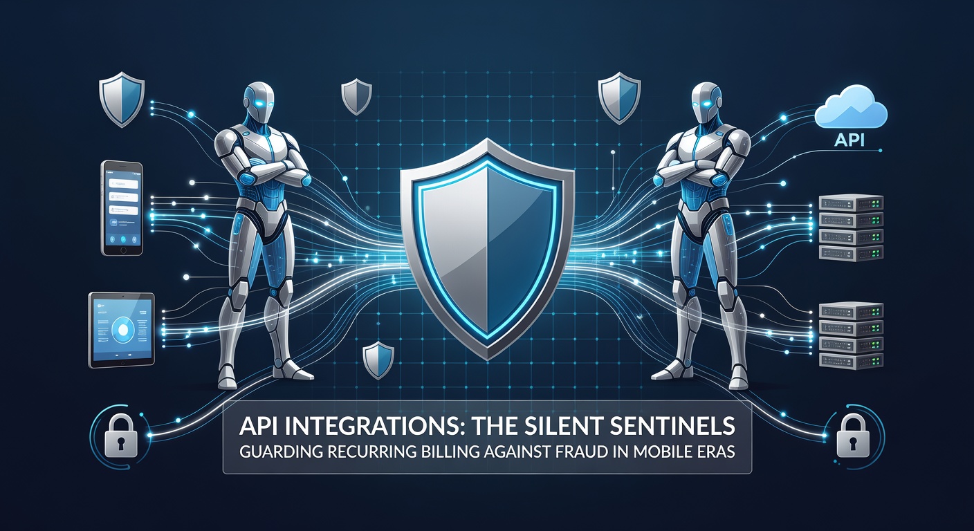 Network diagram illustrating API connections securing mobile recurring payments against fraud vectors
