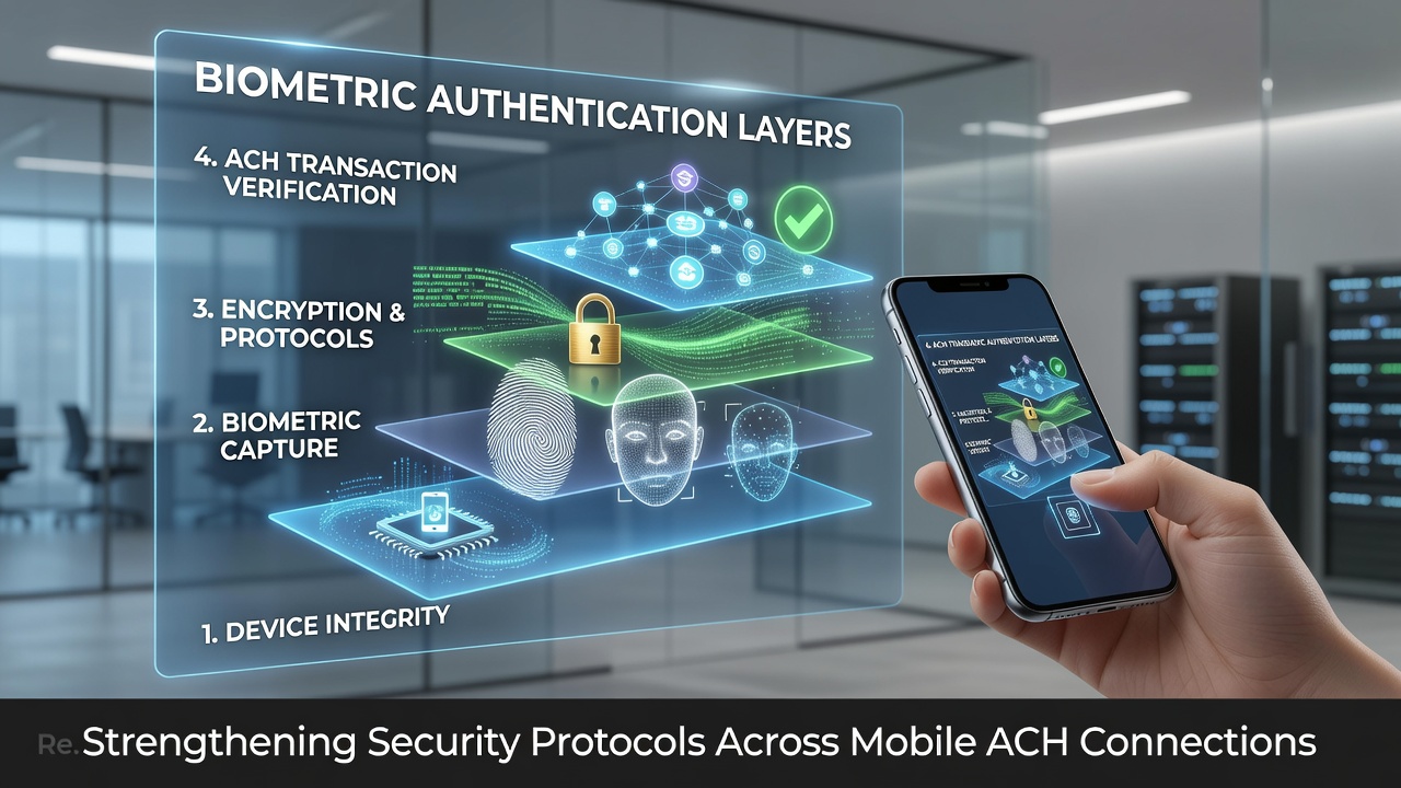 Secure mobile ACH settlement dashboard displaying biometric verification status