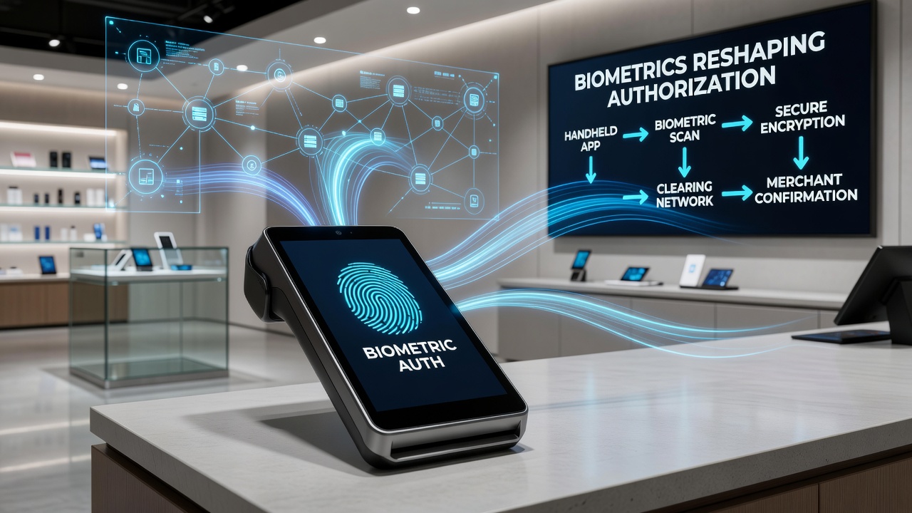 Merchant dashboard showing biometric token exchange between mobile apps and bank clearing networks