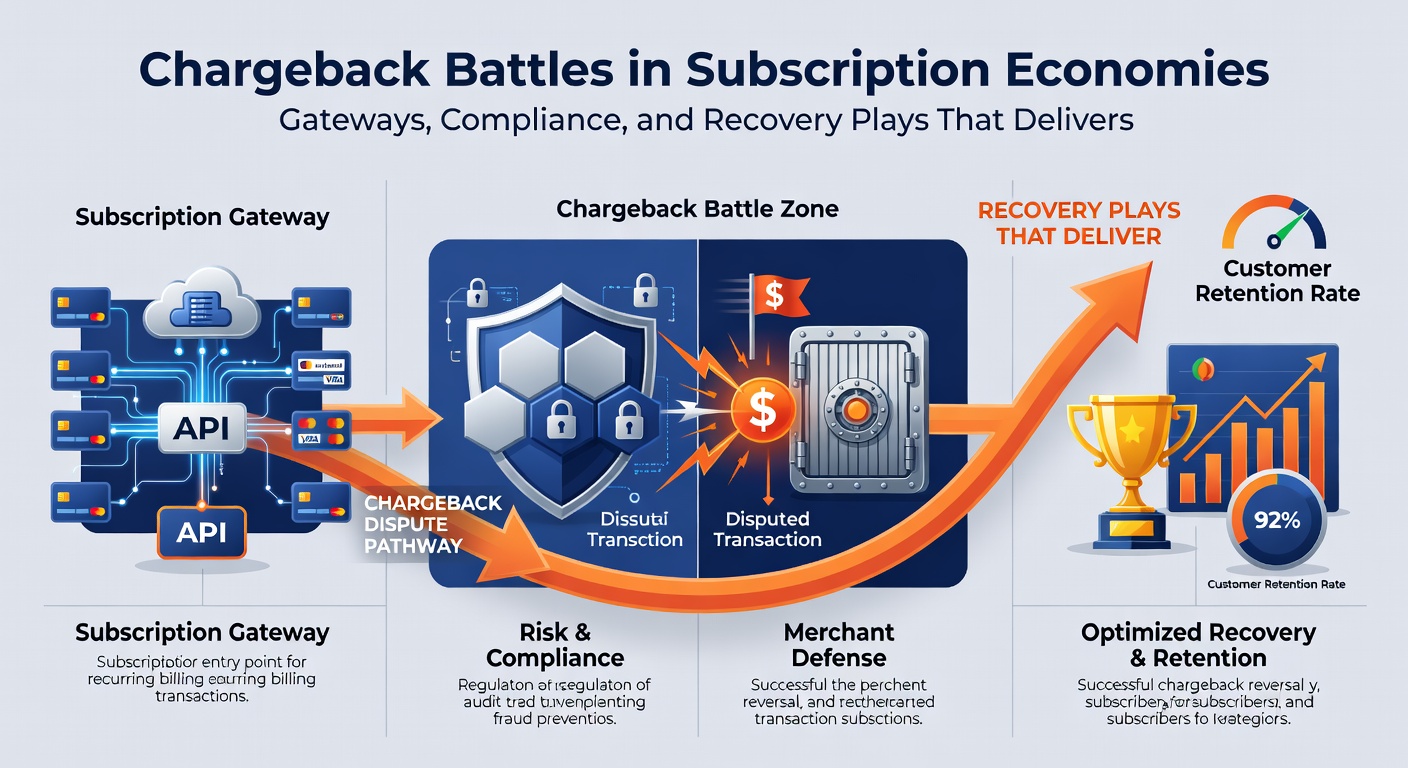 Infographic depicting payment gateway workflows with compliance checkpoints and automated recovery arrows targeting chargeback cycles
