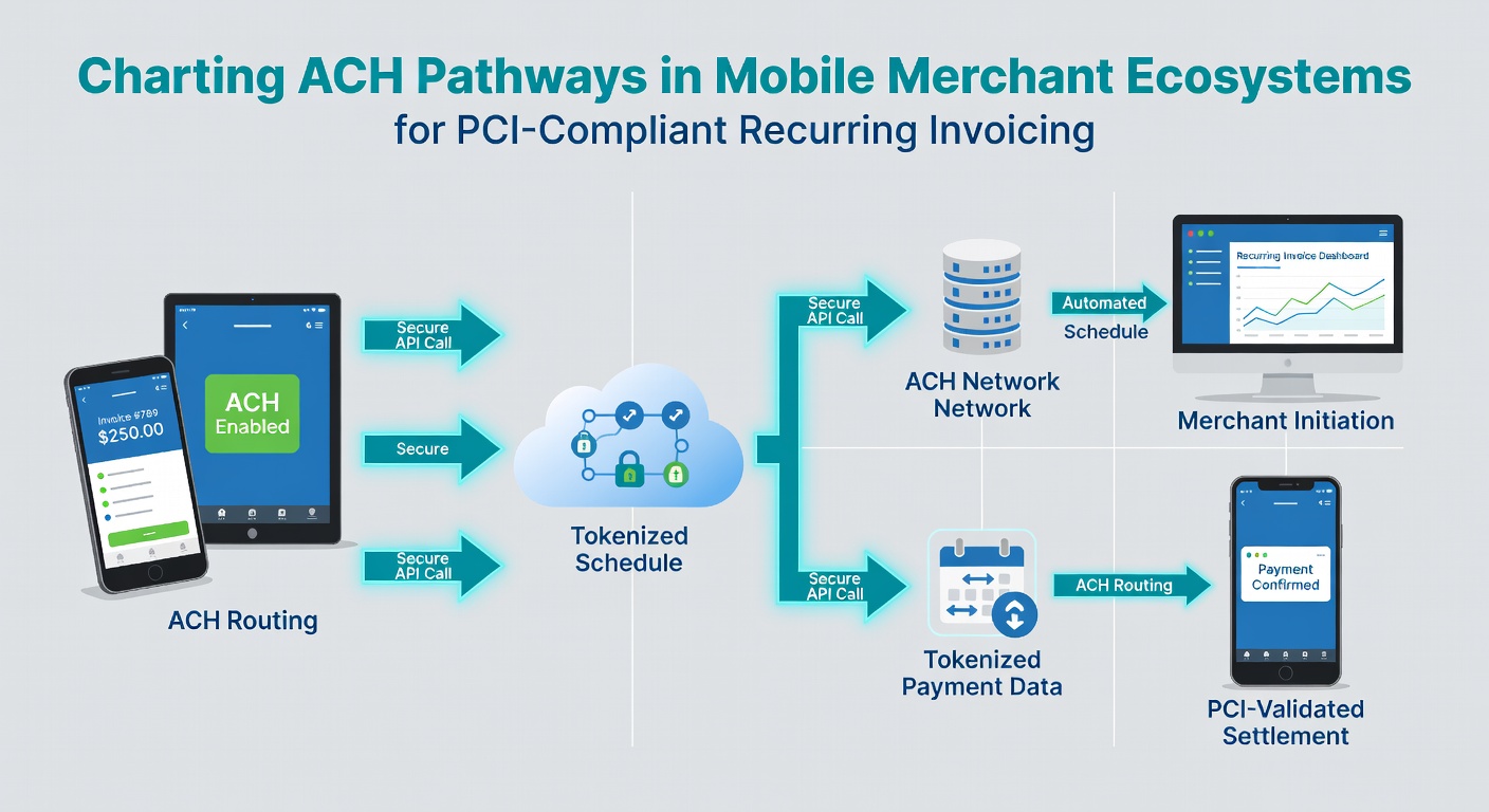 Diagram illustrating secure data flow from mobile device through ACH gateway to bank settlement with PCI compliance checkpoints