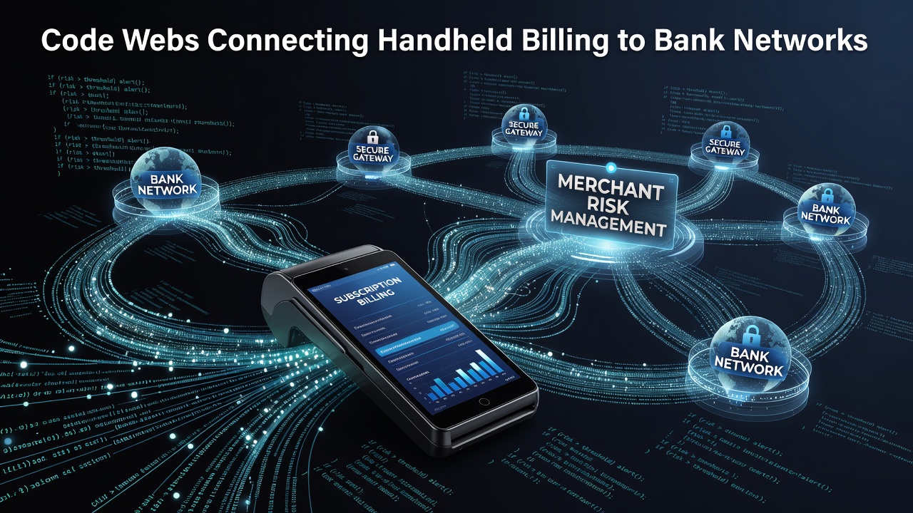 Illustration of interconnected code pathways between mobile devices and banking infrastructure for subscription billing security