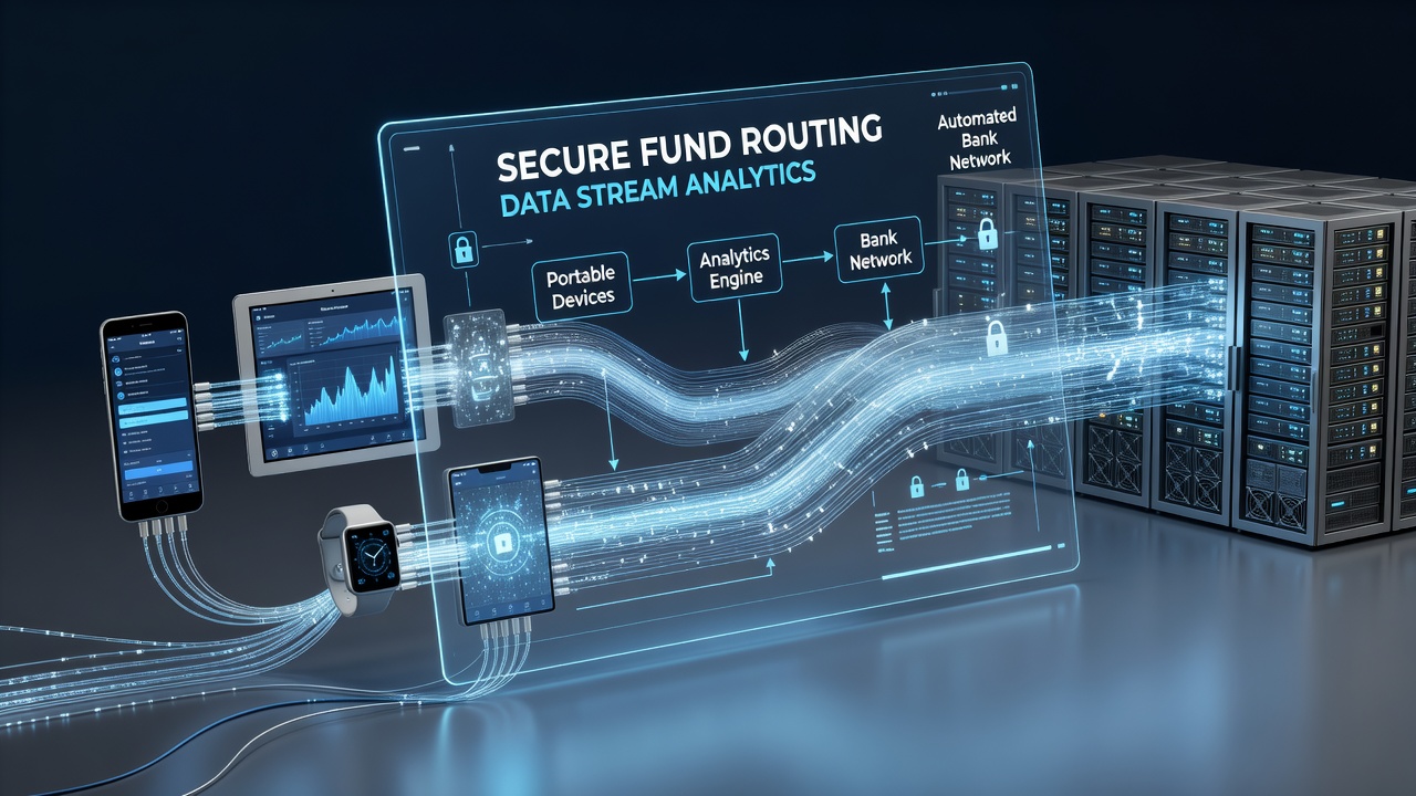Analytics dashboard showing secure fund routing pathways between mobile devices and bank networks for vendors