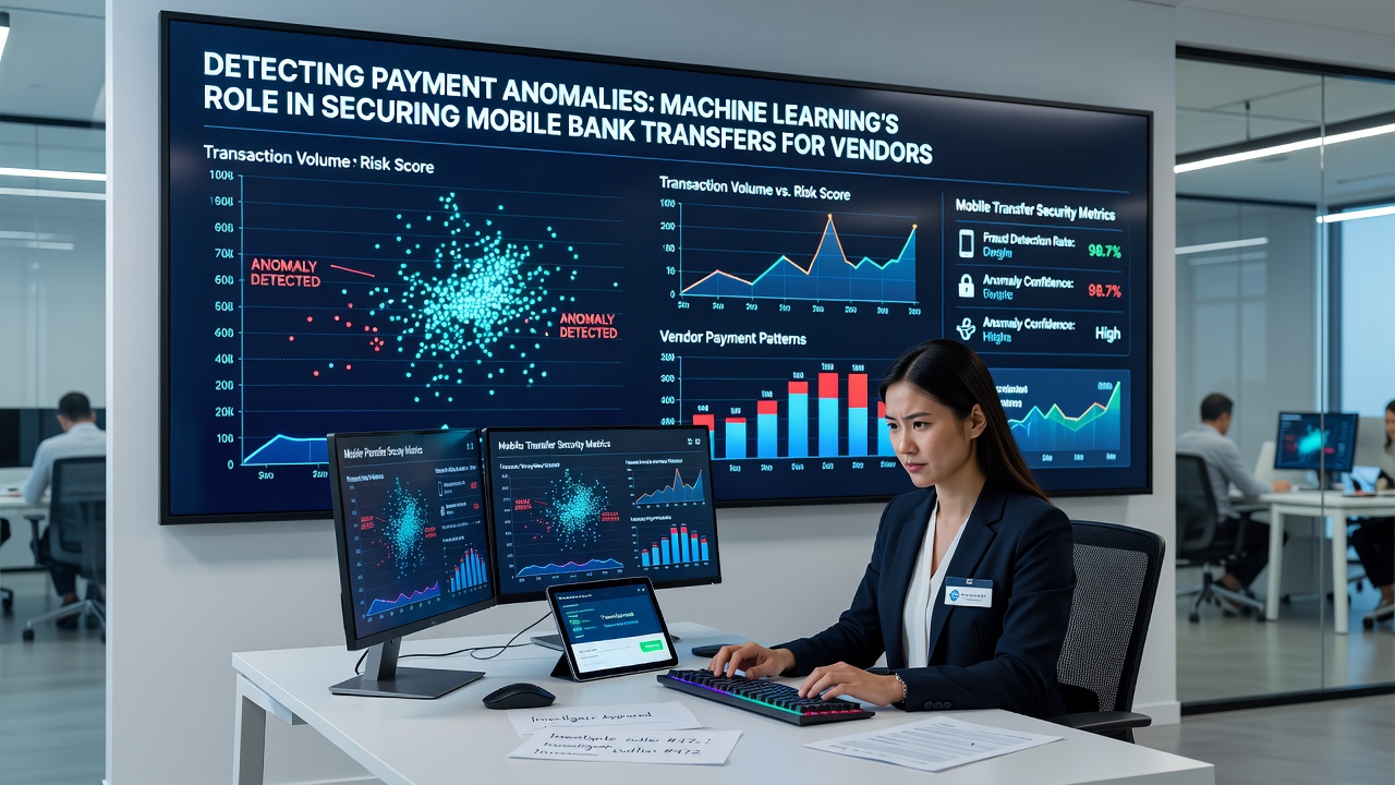 Secure mobile banking interface displaying anomaly alerts during vendor transfer processing