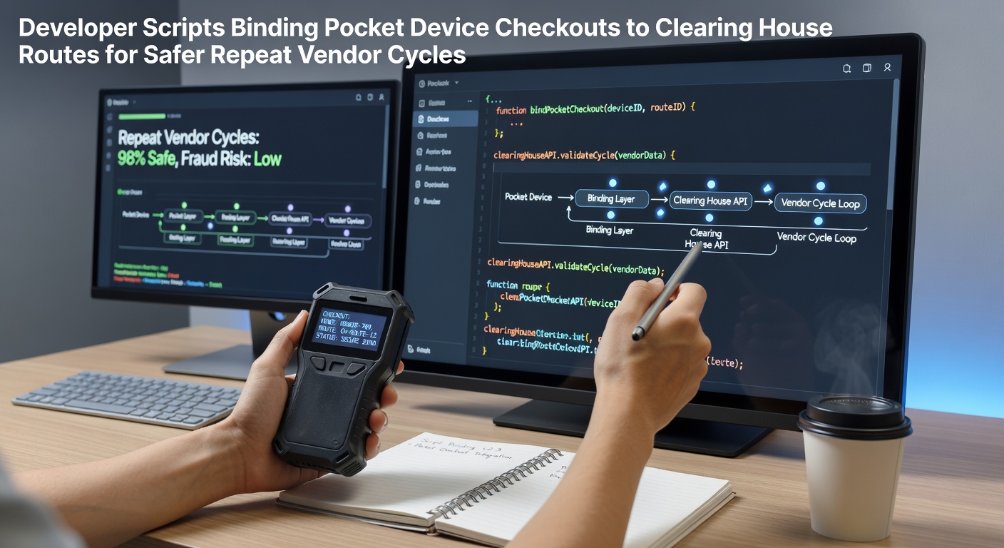 Developer scripts connecting mobile device checkouts with automated clearing house routes in a vendor payment workflow diagram