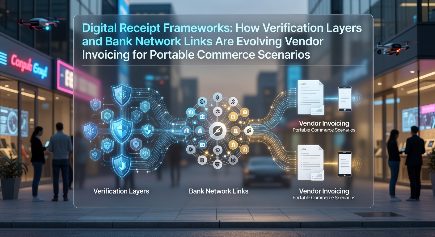 Digital receipt framework diagram showing verification layers connecting mobile vendors to bank networks in portable commerce