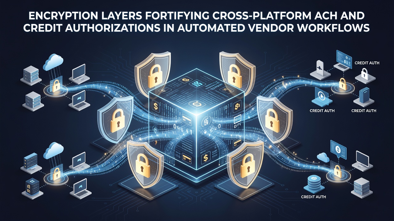 Diagram showing encryption layers protecting ACH and credit authorization flows across vendor platforms