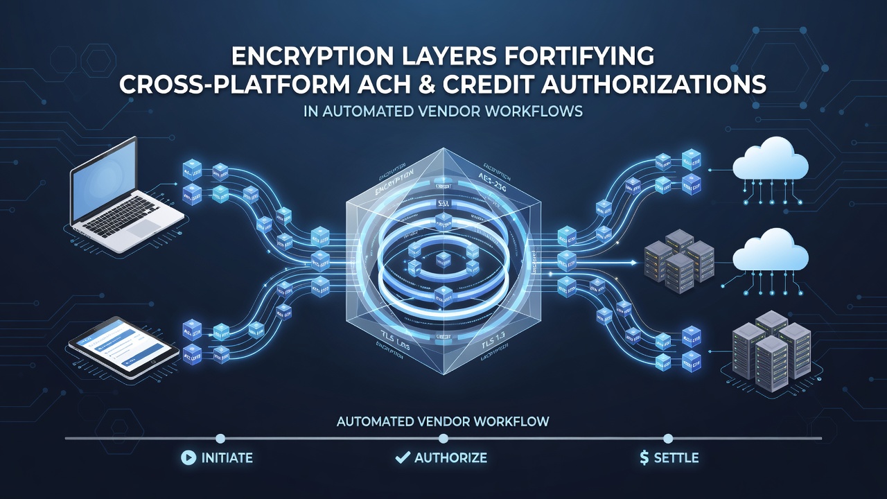 Flowchart of encryption checkpoints between mobile apps, ACH processors, and credit gateways in vendor automation