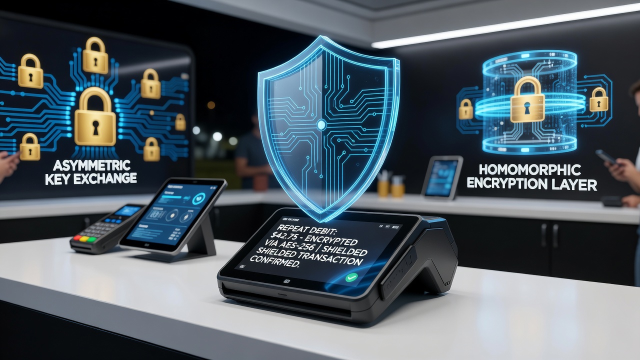 Secure data flow showing encrypted mobile ACH debits moving through clearing networks