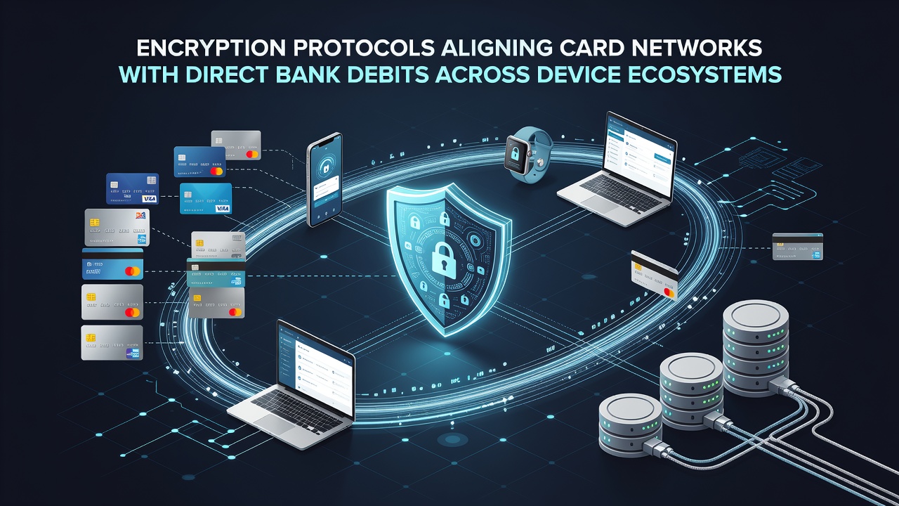 Flowchart illustrating encrypted data paths between card networks, ACH processors, and various consumer devices