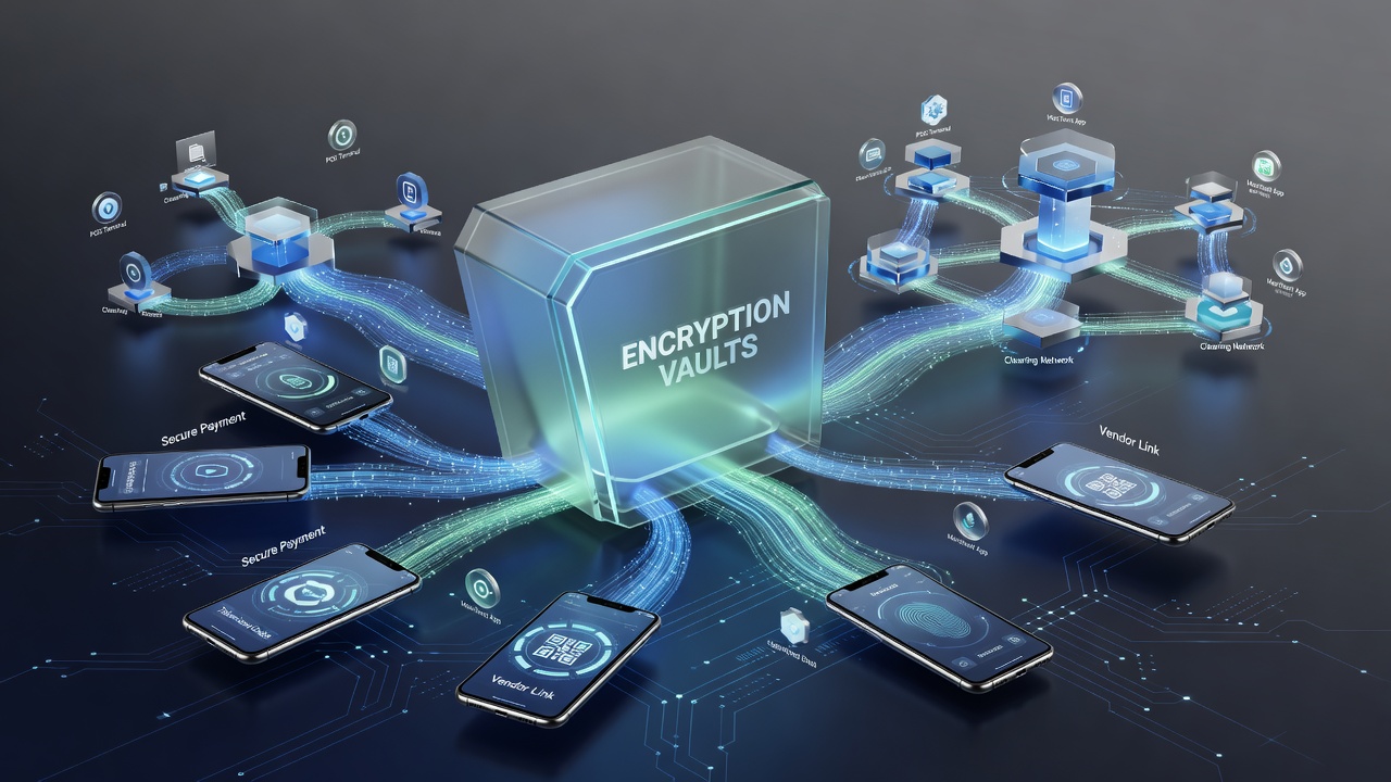 Encryption vault architecture diagram showing smartphone app connections to tokenized clearing networks