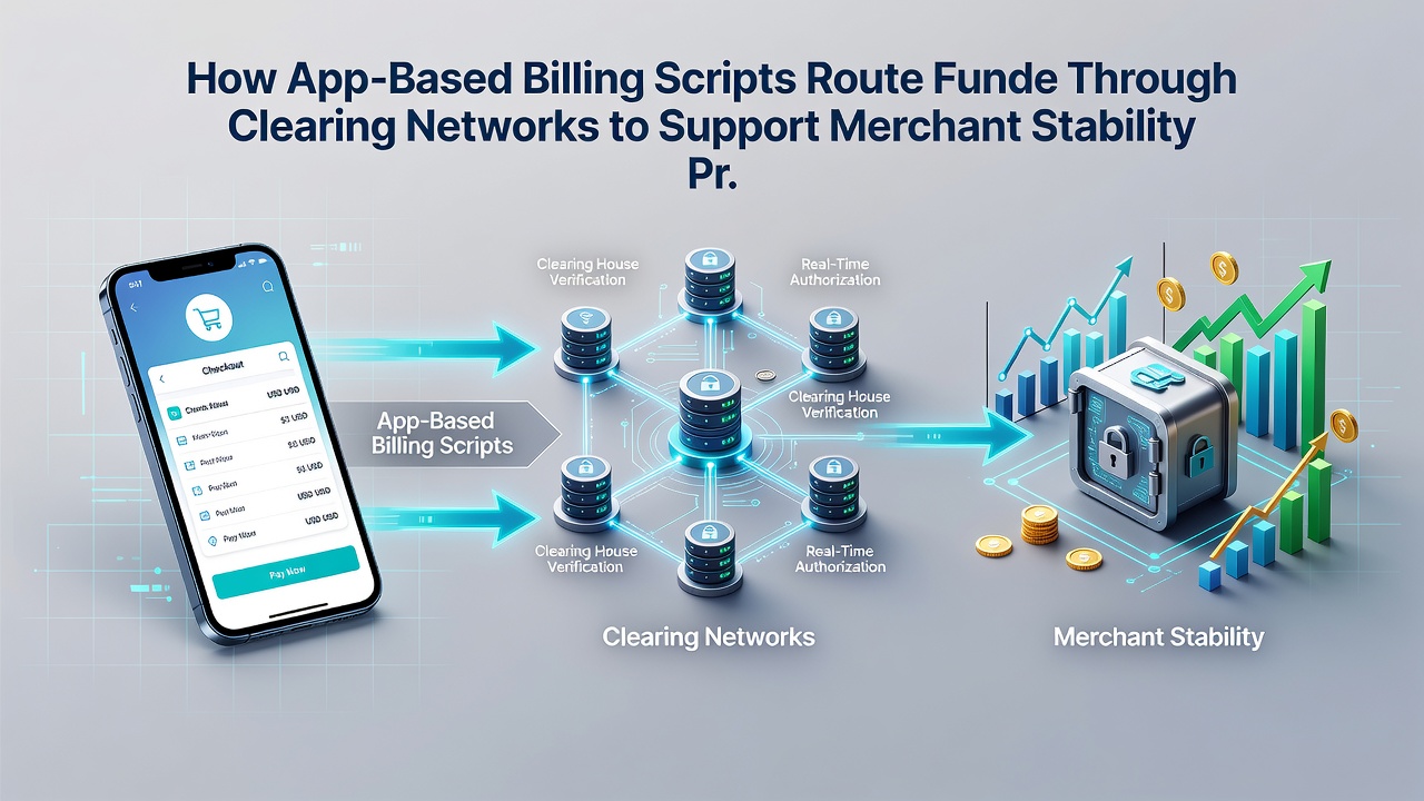 Flowchart illustrating how billing scripts connect mobile transactions to clearing house routes and merchant stability checks