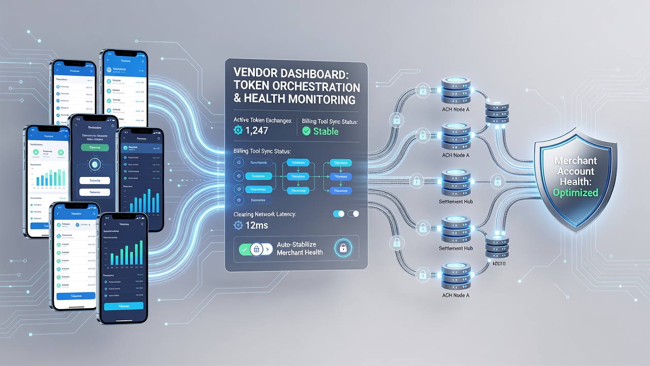 Vendor dashboard interface showing token exchange flows between mobile billing systems and ACH networks