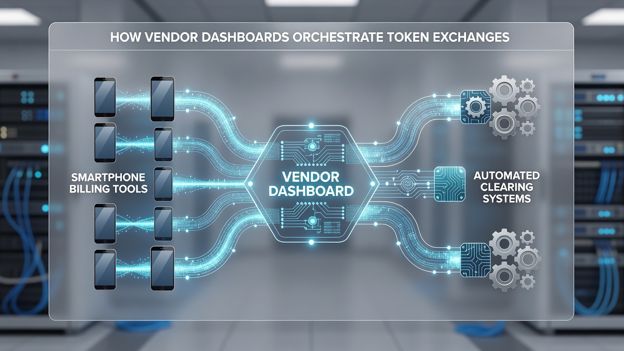 Flow diagram of token exchange between smartphone billing and ACH clearing networks