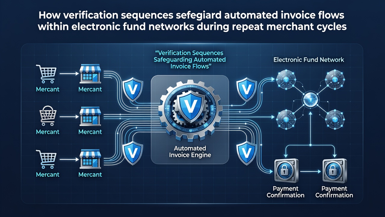 Diagram showing verification sequence steps in electronic fund transfer networks for automated merchant invoices