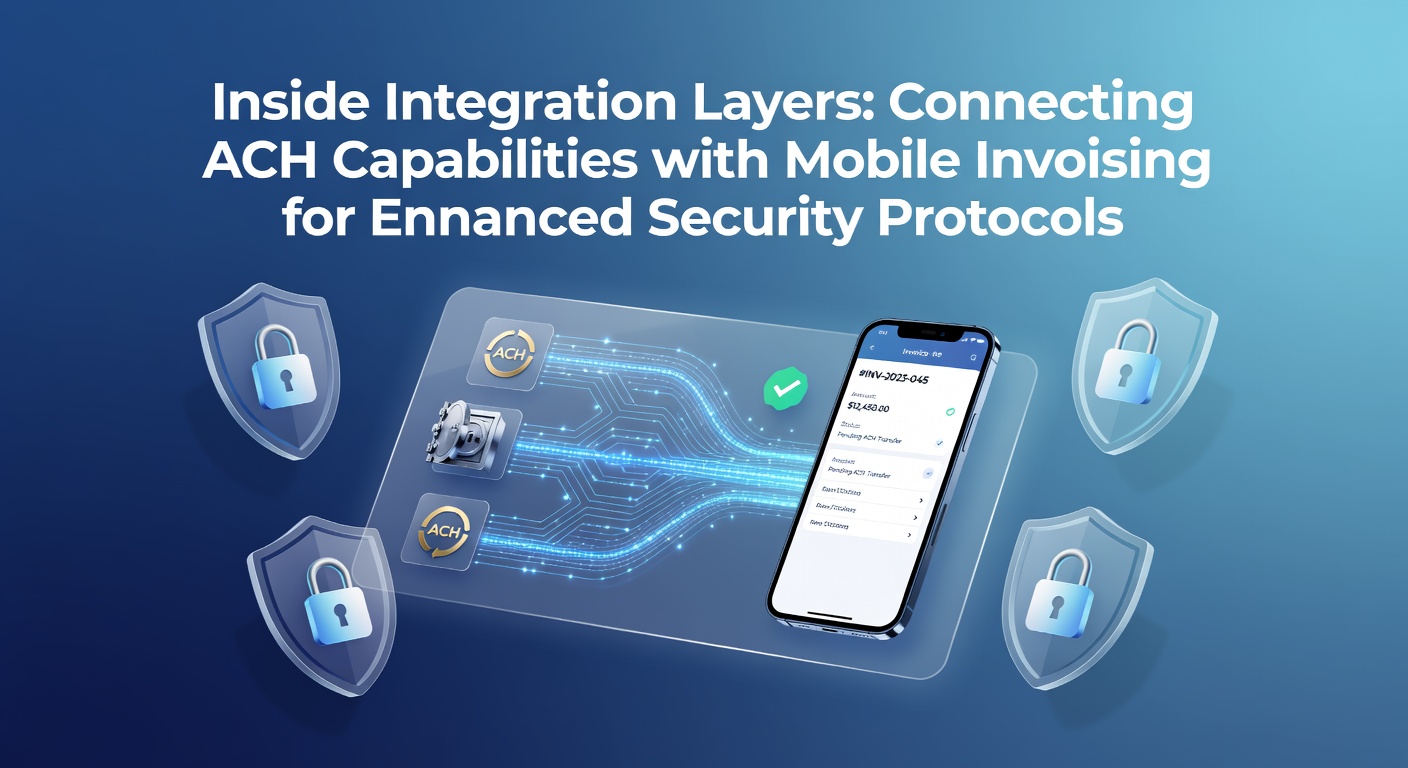 Diagram showing ACH network connections layered with mobile invoicing interfaces and security encryption points