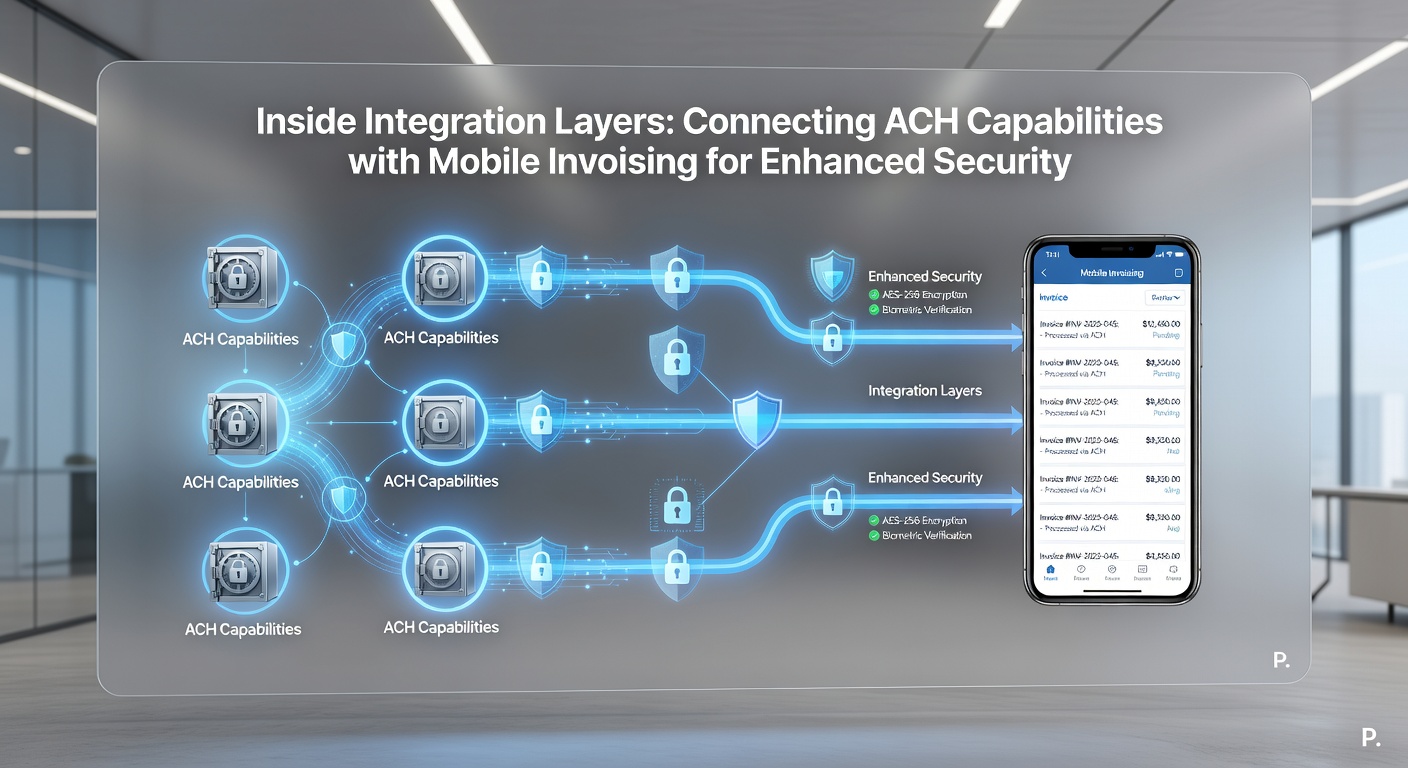 Flowchart illustrating security layers between mobile invoice submission and ACH processing with encryption and verification steps highlighted