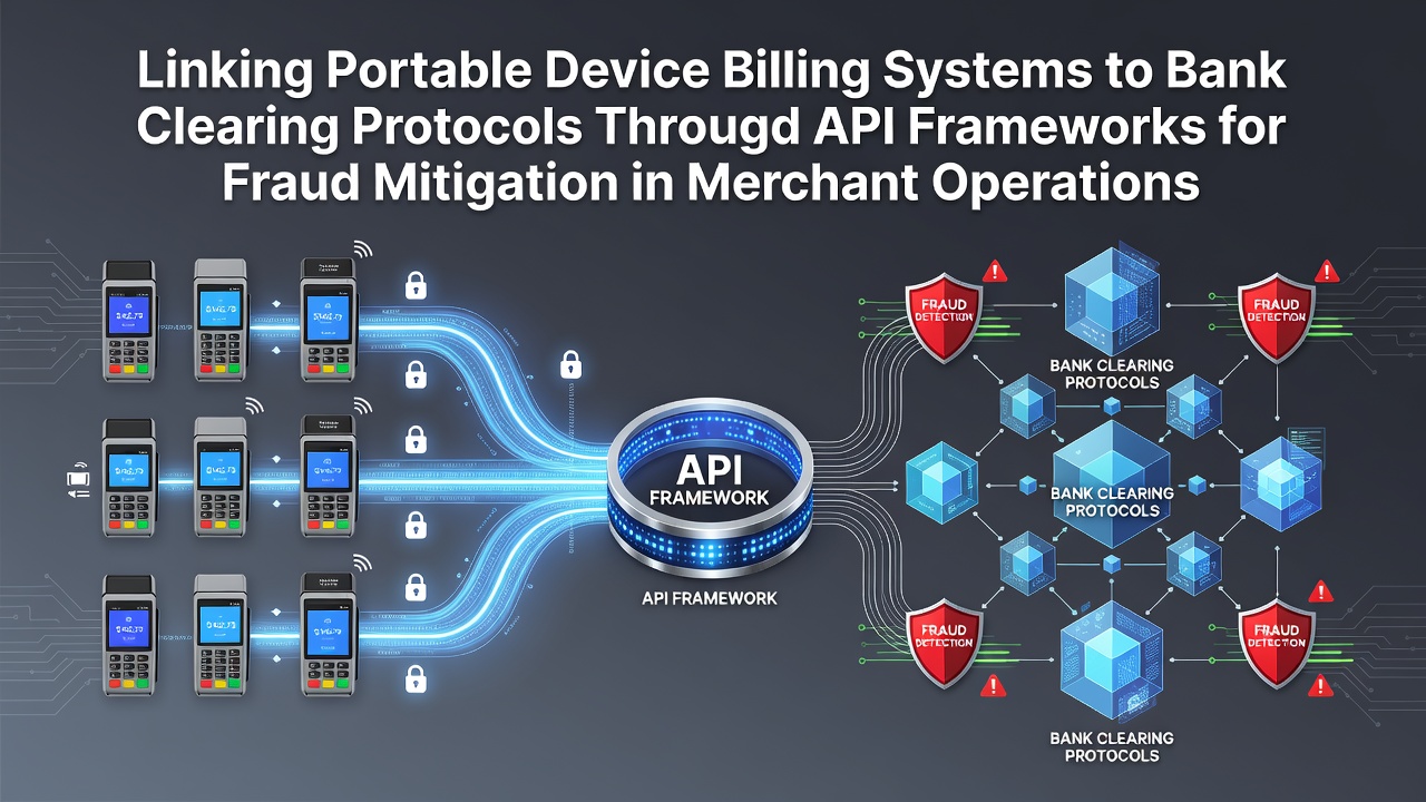 API integration diagram showing portable device billing connected to bank clearing protocols
