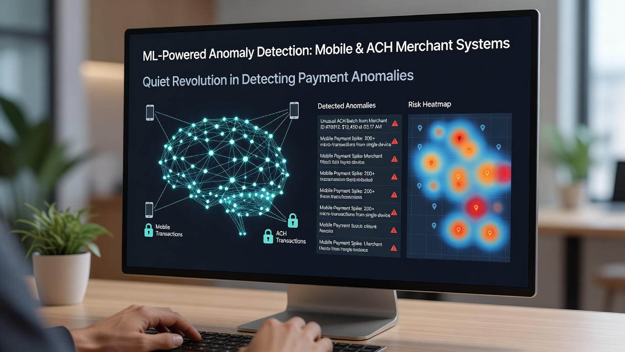 Visualization of anomaly detection layers connecting mobile apps to ACH clearing processes