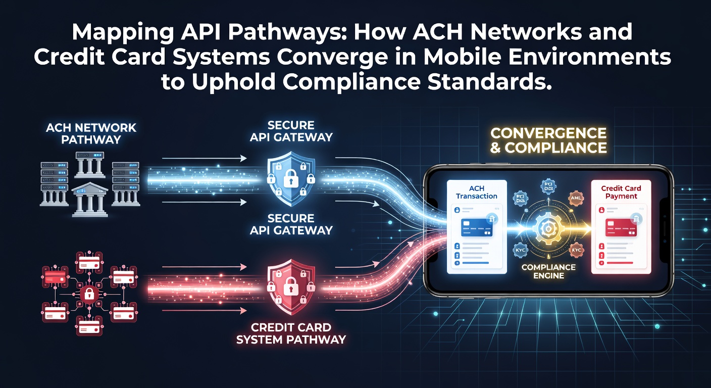 Diagram showing API connections between mobile apps, ACH networks, and credit card processors for compliance