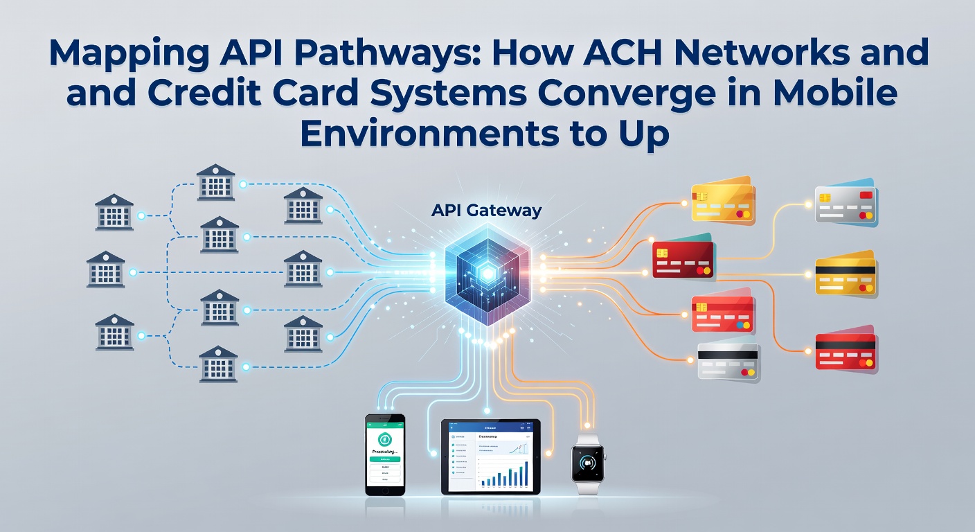Mobile payment flow diagram illustrating ACH and credit card API convergence points