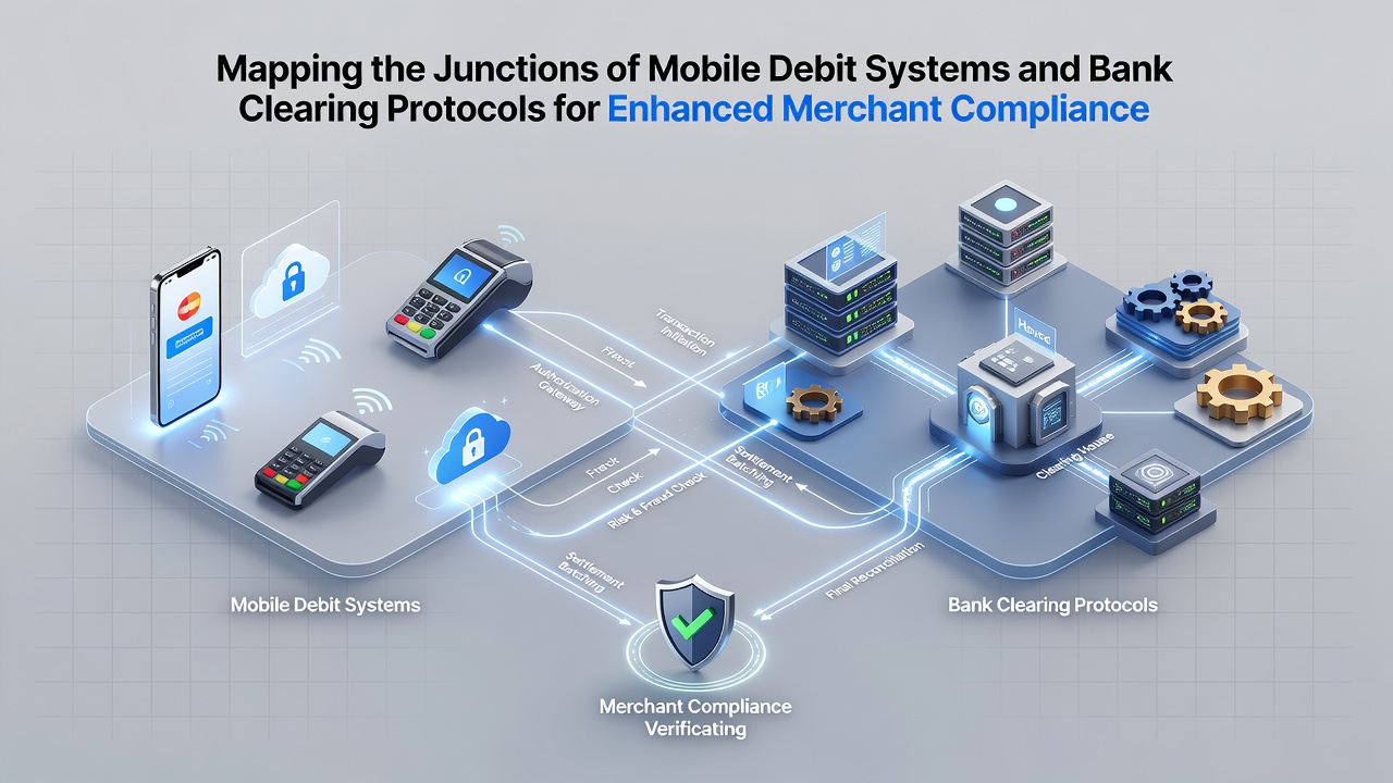 Diagram showing integration points between mobile debit applications and automated clearing house networks with compliance checkpoints highlighted