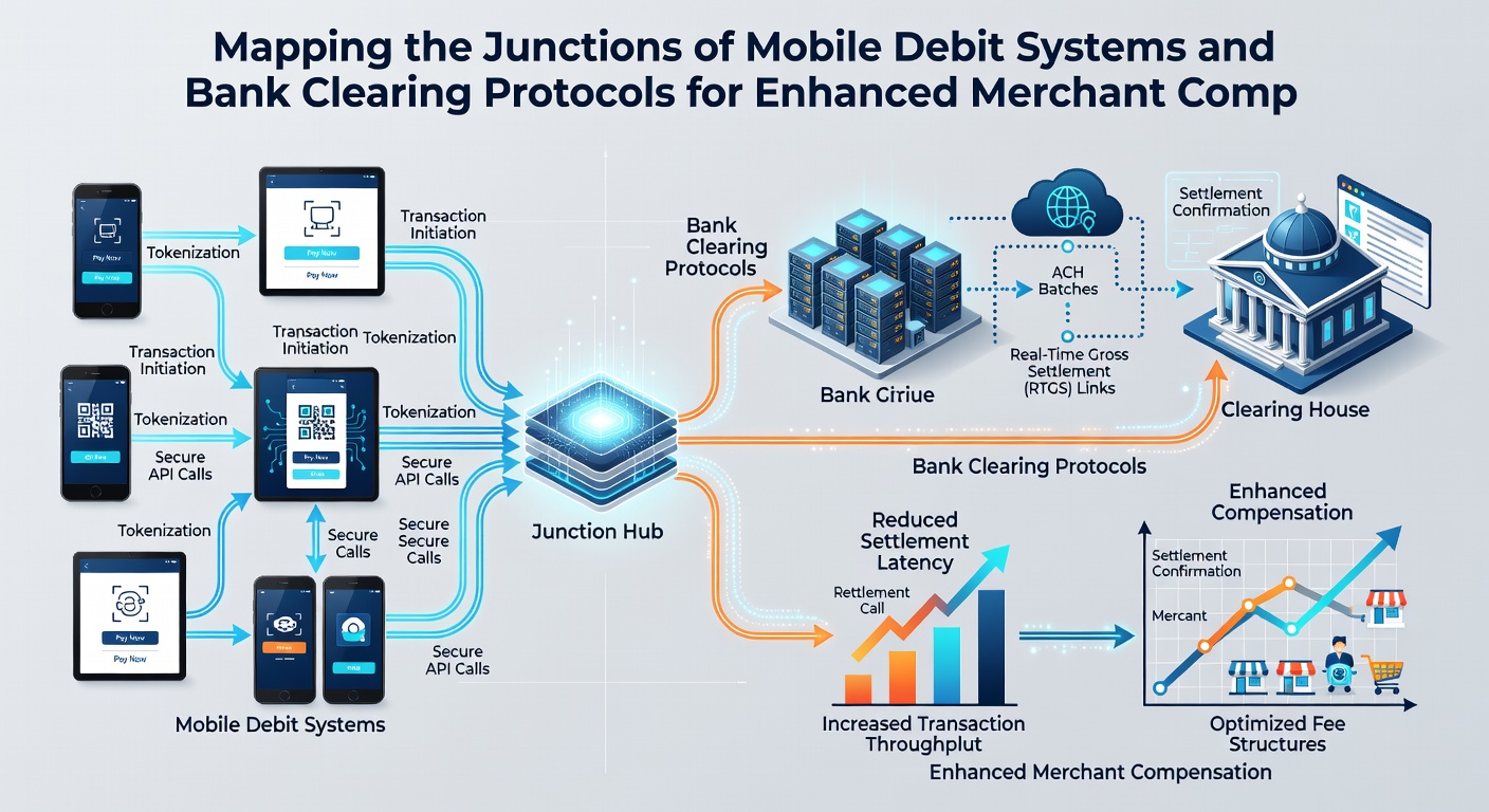 Flowchart illustrating mobile debit authorization flowing into bank clearing protocols with embedded compliance checks and June 2026 update markers