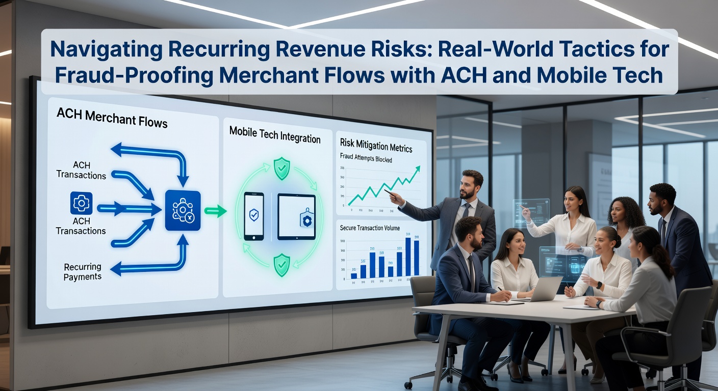 Illustration of secure ACH and mobile payment flows protecting recurring revenue streams from fraud risks