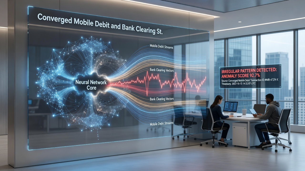 Diagram showing anomaly detection layers processing mobile and bank clearing transaction data