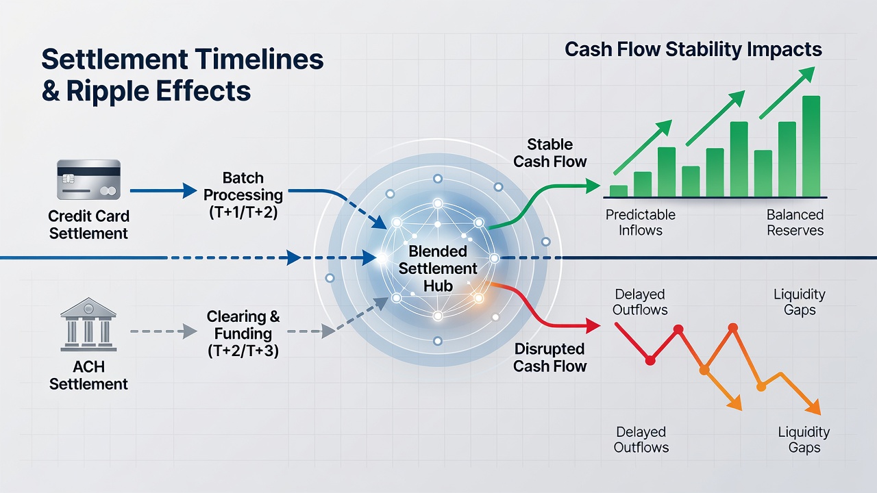 Chart illustrating cash flow fluctuations caused by varying settlement timelines in mixed payment environments