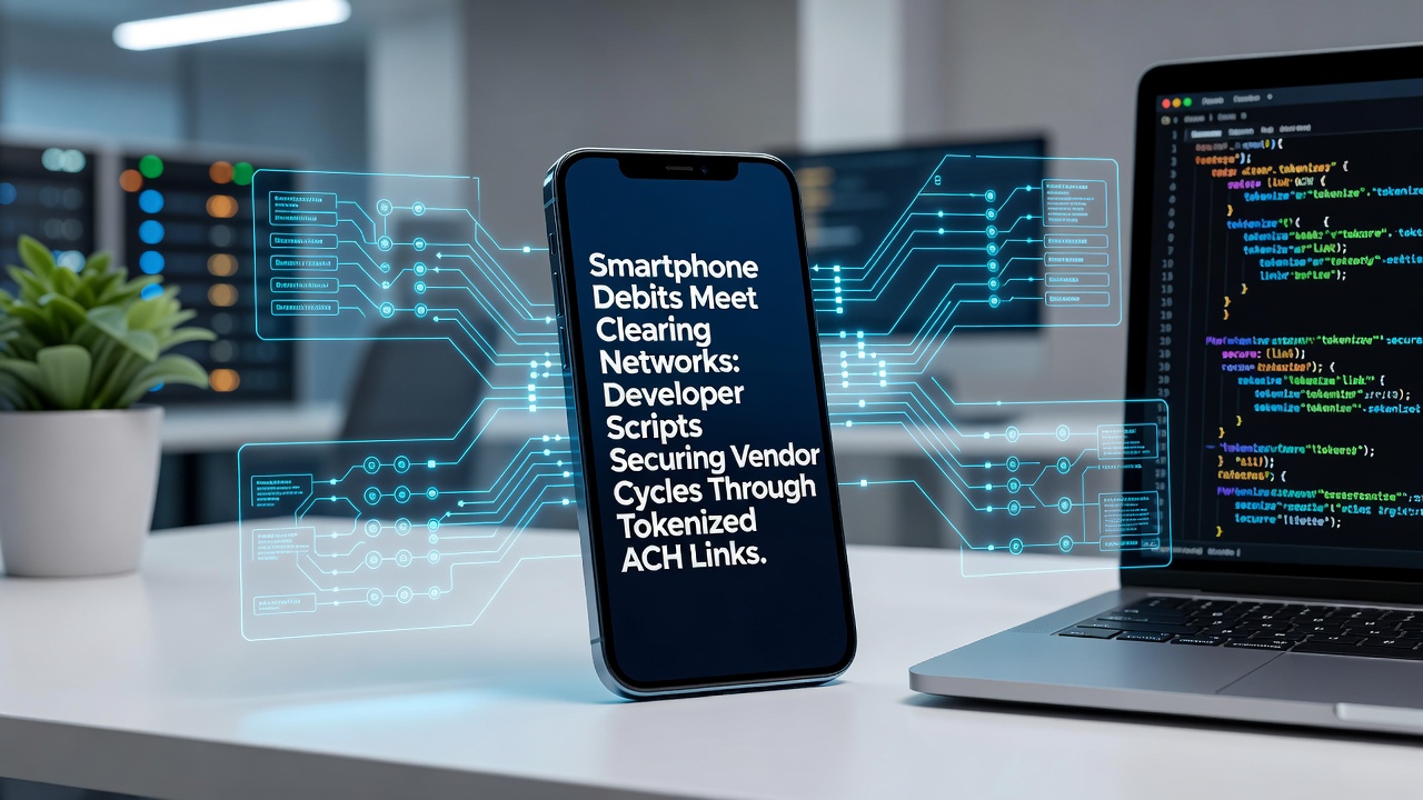 Smartphone interface displaying tokenized ACH payment setup connected to clearing network pathways