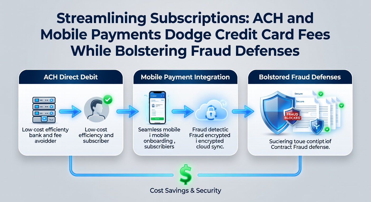 Digital flowchart showing ACH debits and mobile wallet icons streamlining subscription billing cycles while highlighting fee savings and security layers