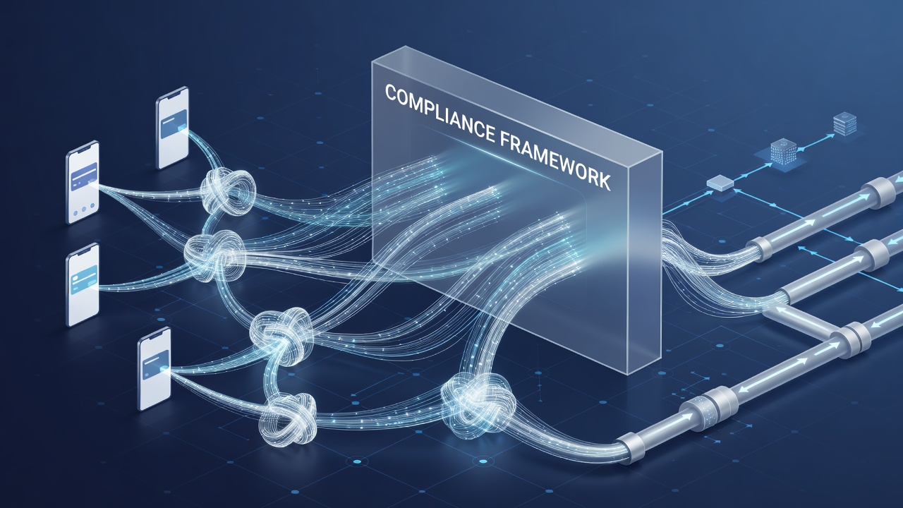 Flowchart illustrating compliance checkpoints in mobile wallet to bank clearing API integrations