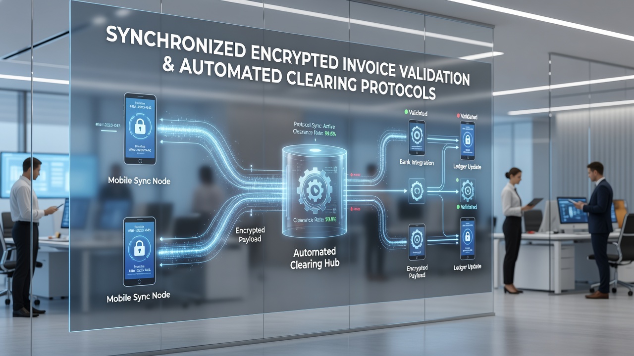 Diagram of encrypted data flow from mobile vendor app through validation servers to automated clearing house