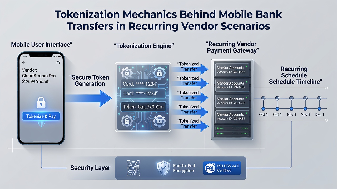 Flowchart of token usage during a scheduled mobile bank debit to a vendor account