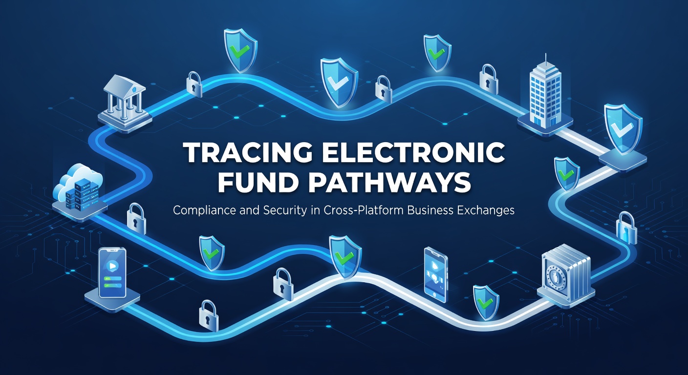 Diagram showing the flow of electronic funds across multiple business platforms with compliance checkpoints highlighted