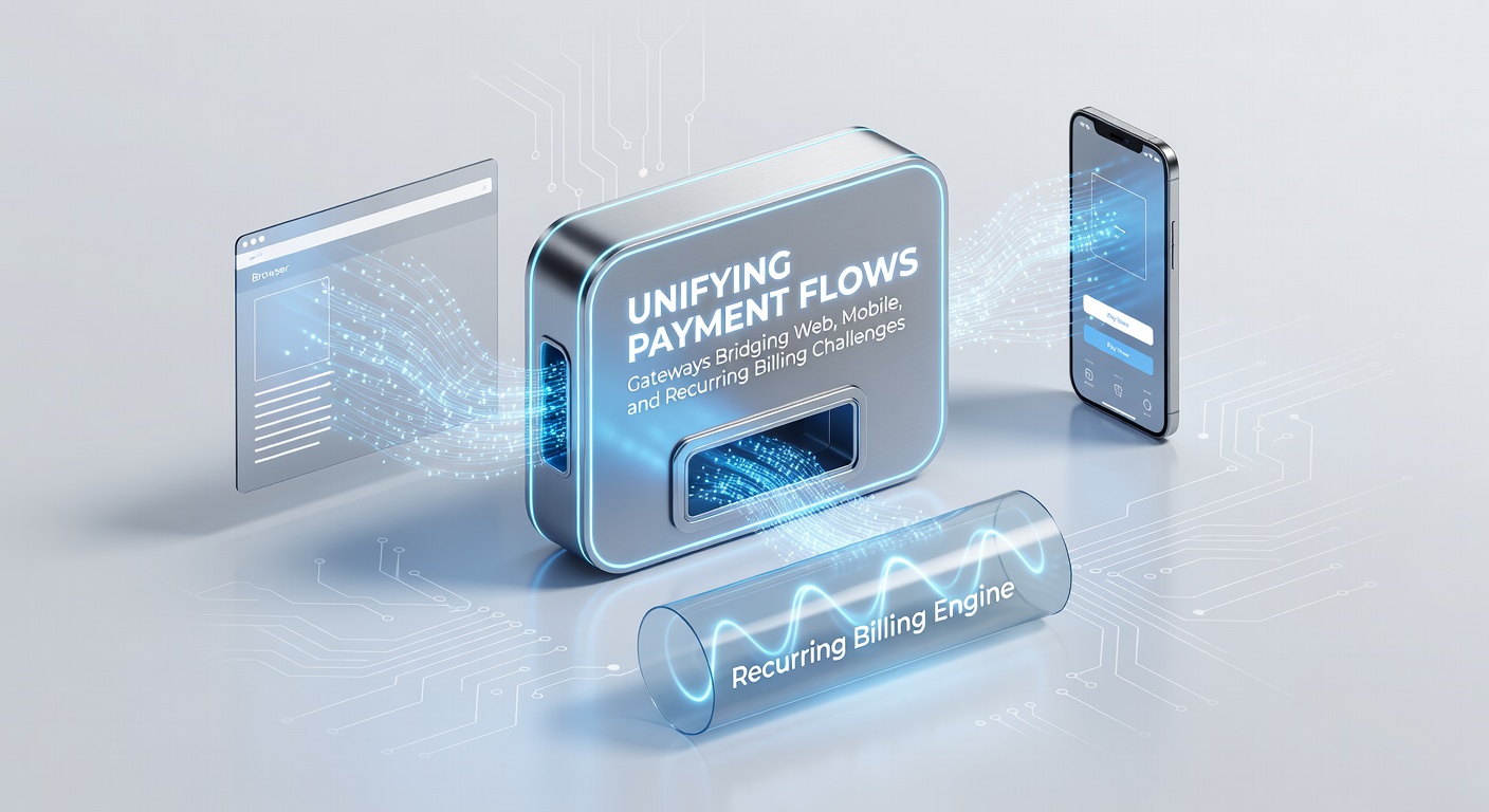 Digital illustration showing a central payment gateway hub connecting web browsers, mobile devices, and recurring billing cycles with seamless data streams