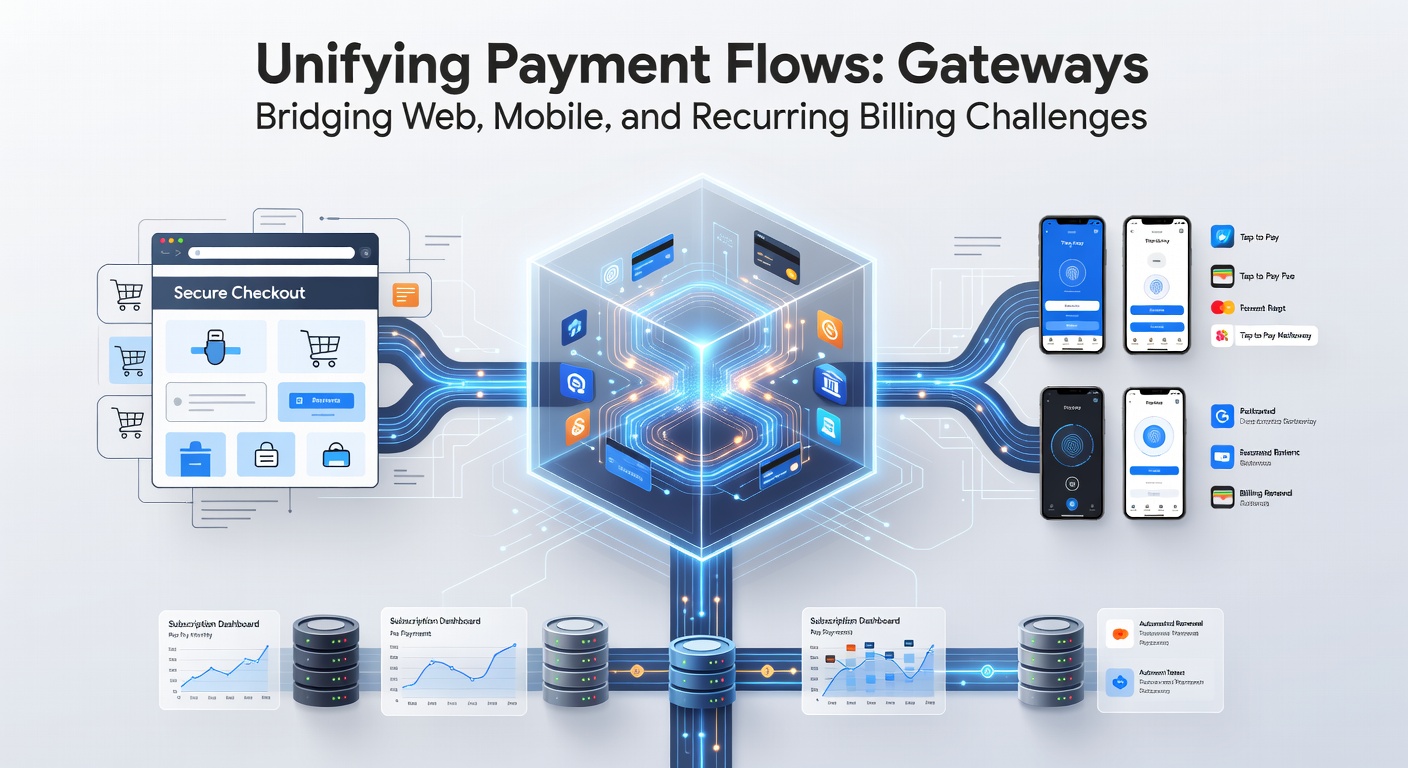 Close-up graphic of mobile payment flows merging with web and recurring streams through a gateway interface, highlighting speed and security icons